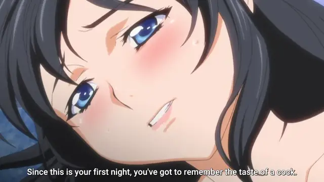 A close-up shot of a blushing anime girl with long dark hair and blue eyes looking towards the camera with a subtitle that reads, "Since this is your first night, you've got to remember the taste of a cock.". Screenshot from Hitou Meguri Kakure Yu - Episode 1