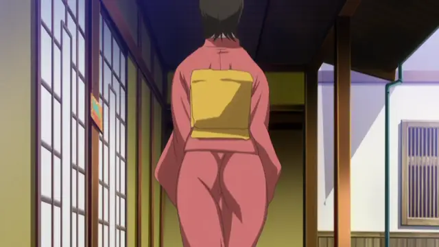 A woman in a pink kimono with a yellow obi stands in a traditional Japanese hallway, seen from behind, showcasing her large, round buttocks. Screenshot from Hitou Meguri Kakure Yu - Episode 2