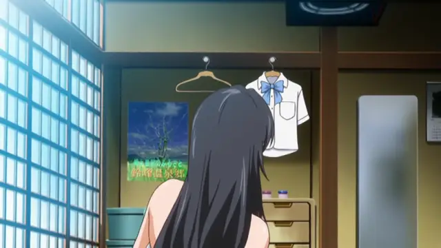 A long-haired girl in a bikini stands in a bedroom with a white school uniform hanging on a hook and a painting on the wall. Screenshot from Hitou Meguri Kakure Yu - Episode 2