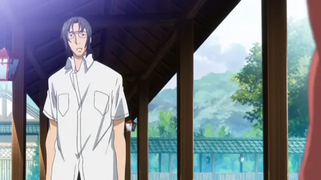 A tall, slender anime man with glasses and short dark hair wears a white button-up shirt and stands in a traditional Japanese pavilion overlooking a scenic village landscape. Screenshot from Hitou Meguri Kakure Yu - Episode 2