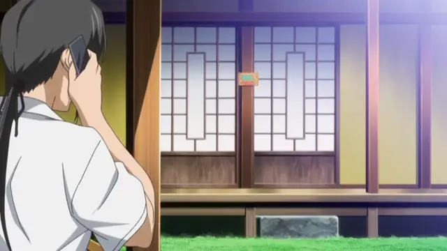 A woman in a white kimono stands in a hallway, looking toward a sliding door with a worried expression. Screenshot from Hitou Meguri Kakure Yu - Episode 2