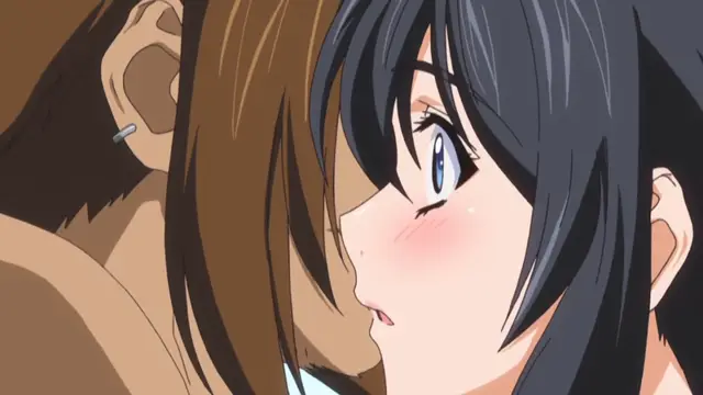In a close-up, a dark-haired girl with blushing cheeks looks toward a brown-haired girl whose face is obscured as they appear to be intimate. Screenshot from Hitou Meguri Kakure Yu - Episode 2