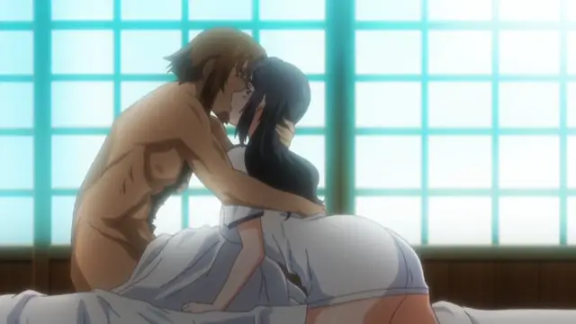 A shirtless, muscular man with brown hair leans over a woman in a white dress, kissing her while holding her from behind in a room with shoji screen windows. Screenshot from Hitou Meguri Kakure Yu - Episode 2