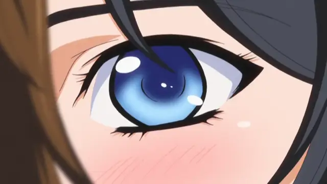 A close-up shot shows a blushing anime girl with large blue eyes and dark hair looking towards the left of the frame. Screenshot from Hitou Meguri Kakure Yu - Episode 2