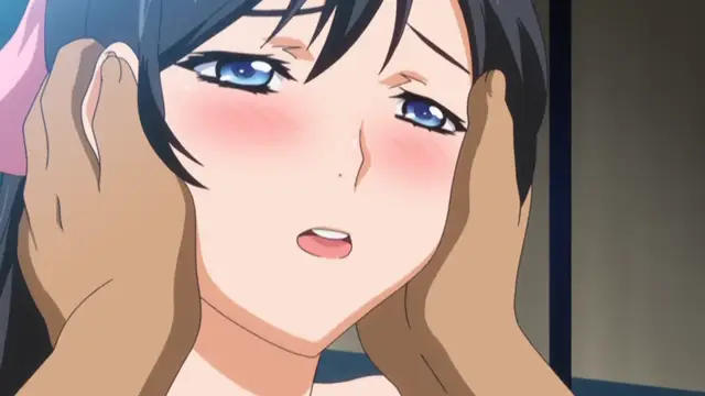 A blush-faced anime girl with blue eyes looks startled as two hands grip her face from both sides. Screenshot from Hitou Meguri Kakure Yu - Episode 2