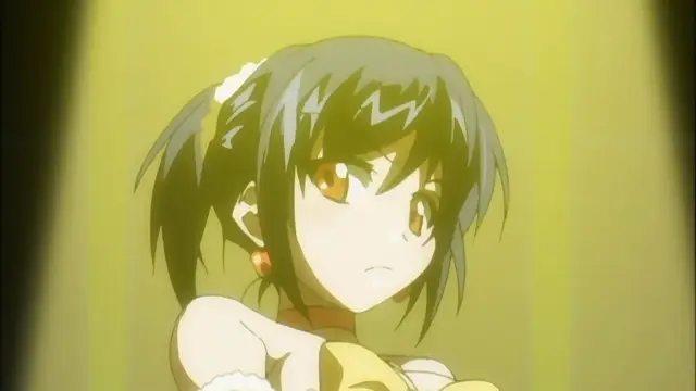 A shocked anime girl with black hair and pigtails stands in a yellow spotlight during a hentai scene. Screenshot from Oshaburi Announcer. Screenshot from Oshaburi Announcer