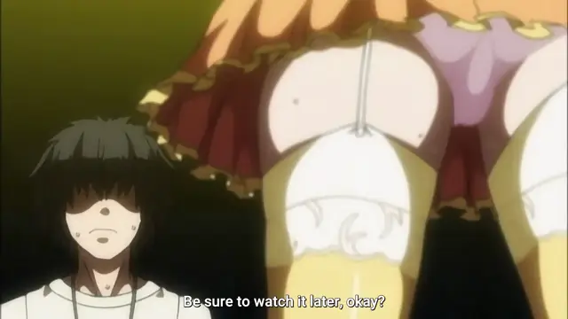 A shocked anime boy looks toward the viewer in this hentai scene while a large-breasted girl in a frilly dress shows her pussy and thick thighs. Screenshot from Oshaburi Announcer. Screenshot from Oshaburi Announcer