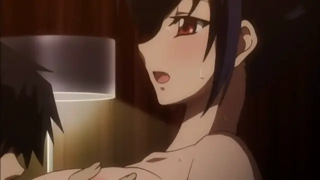 A blushing, sweaty anime girl with red eyes looks shocked as she is being fucked by a male character in a dimly lit room, showcasing her topless chest and nude body. Screenshot from Oshaburi Announcer. Screenshot from Oshaburi Announcer