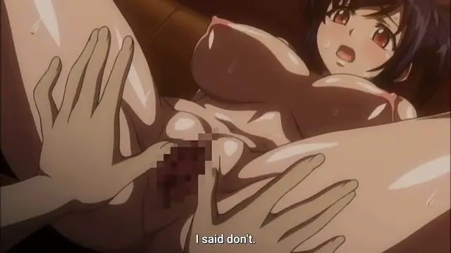 A large-breasted anime hentai girl with dark hair is being groped and pinched by multiple hands in a sexual scene. Screenshot from Oshaburi Announcer. Screenshot from Oshaburi Announcer
