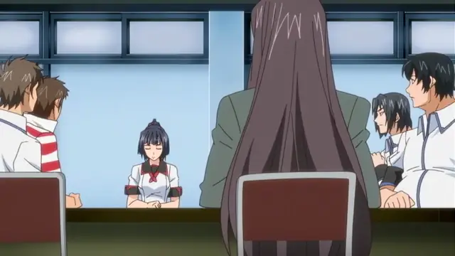 A group of anime students, including a girl with dark hair in a school uniform, are seated around a long table for a disciplinary meeting, while a woman with long brown hair sits in the foreground with her back to the viewer. Screenshot from Last Waltz - Episode 1