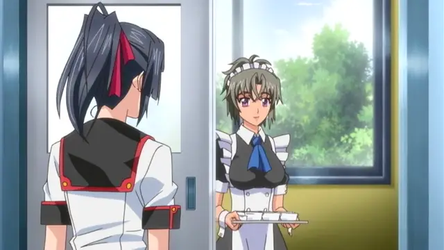 A girl with grey hair wearing a maid outfit stands in a room holding a tray and looking up at a woman with blue hair who is standing in a doorway. Screenshot from Last Waltz - Episode 1