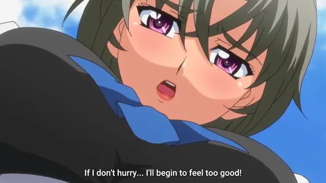 An anime girl with short brown hair and blushing cheeks looks startled and overwhelmed while wearing a black and blue outfit, with the subtitle "If I don't hurry... I'll begin to feel too good!" appearing at the bottom of the frame. Screenshot from Last Waltz - Episode 1