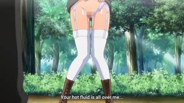 In a forest setting, a woman in a skirt and thigh-high boots stands with her legs spread, wearing white underwear, while a subtitle reads, "Your hot fluid is all over me...". Screenshot from Last Waltz - Episode 1