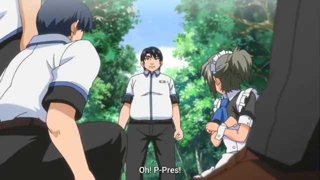 A male student in a white uniform stands in a wooded area with a surprised expression as a girl in a white and blue outfit bows toward him, while another male student sits in the foreground, accompanied by subtitles that read "Oh! P-Pres!". Screenshot from Last Waltz - Episode 1