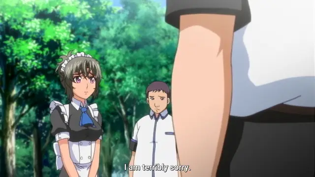 A girl in a maid outfit and a boy in a school uniform stand in a forest behind a large male figure as the boy says, "I am terribly sorry.". Screenshot from Last Waltz - Episode 1