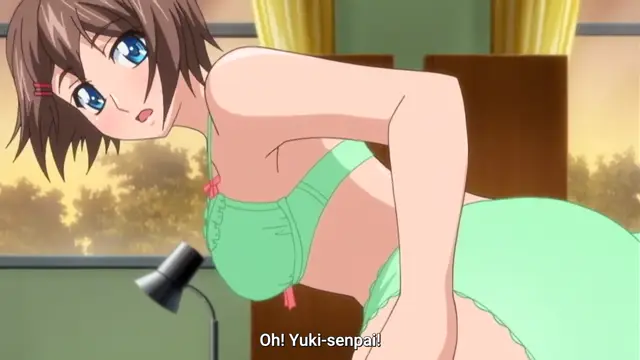 A brown-haired anime girl in green lingerie leans forward while saying, "Oh! Yuki-senpai!". Screenshot from Last Waltz - Episode 1