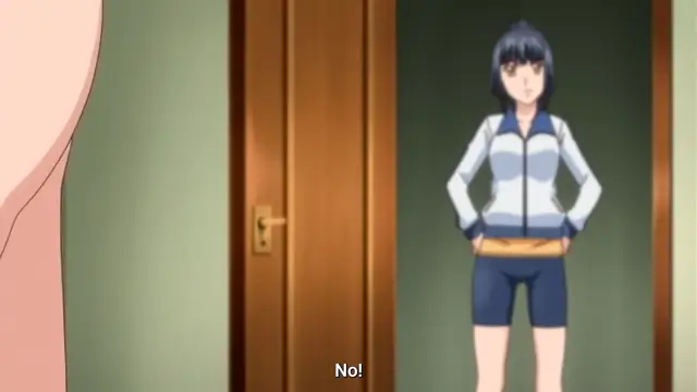 A blue-haired anime girl wearing a tracksuit stands in a doorway, looking shocked with the subtitle "No!" at the bottom of the frame. Screenshot from Last Waltz - Episode 1
