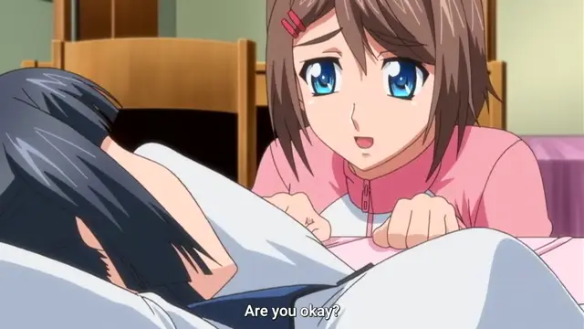 A concerned-looking anime girl with brown hair and blue eyes leans over a dark-haired man lying on a bed, asking "Are you okay?" in subtitles. Screenshot from Last Waltz - Episode 1