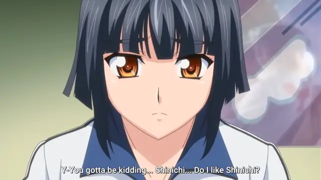 A close-up of a blue-haired anime girl with a shocked expression as she thinks to herself, "Y-You gotta be kidding... Shinichi... Do I like Shinichi?". Screenshot from Last Waltz - Episode 1