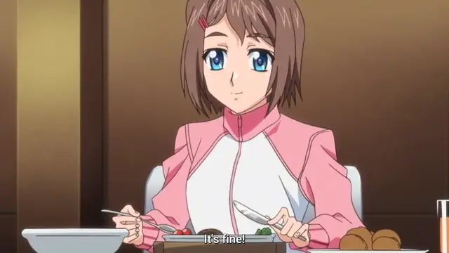 A brown-haired anime girl in a pink and white jacket sits at a table with a bowl of food, looking forward with a neutral expression while the subtitles read, "It's fine!". Screenshot from Last Waltz - Episode 1