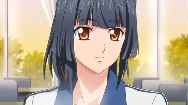 A close-up shot of an anime girl with short dark hair and orange eyes wearing a white and blue outfit, looking forward with a slight smile in a brightly lit room. Screenshot from Last Waltz - Episode 1