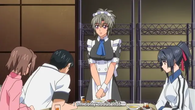 A blonde maid stands in the center of a room facing three people seated at a low table, with subtitles at the bottom reading, "I am sorry about that.". Screenshot from Last Waltz - Episode 1