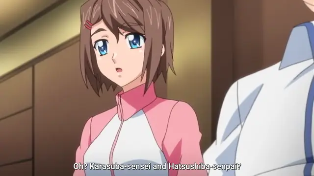 A girl with short brown hair and blue eyes wearing a pink and white tracksuit looks surprised as she speaks the subtitles, "Oh? Karasuba-sensei and Hatsushiba-senpai?". Screenshot from Last Waltz - Episode 1