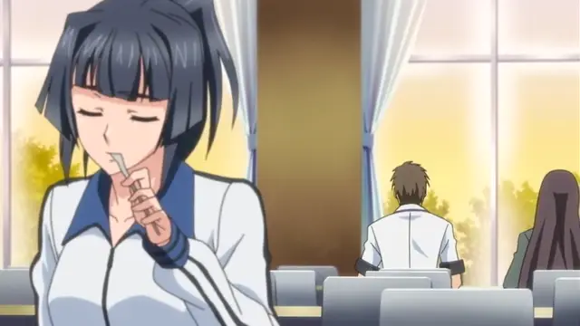 A close-up of a blue-haired anime girl in a white and blue uniform with a blushing face, holding a small white object to her mouth while looking at a man sitting in a chair in the background. Screenshot from Last Waltz - Episode 1