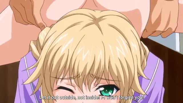 A blonde-haired anime girl with green eyes looks up in distress as a larger figure leans over her, with a subtitle at the bottom that reads, "Let it out outside, not inside! I won't forgive you!". Screenshot from Last Waltz - Episode 1