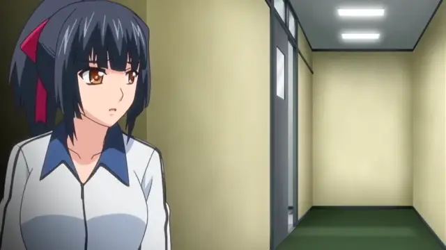 A blue-haired anime girl with a surprised expression stands in a hallway, wearing a white uniform with a blue collar and a red ribbon in her hair. Screenshot from Last Waltz - Episode 1