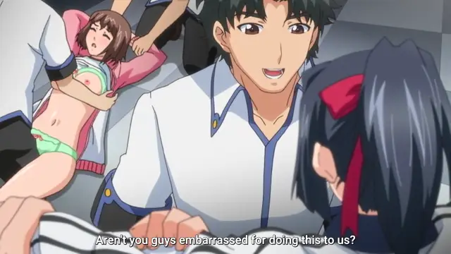 A male anime character with green hair smiles as he sits next to a girl with black hair in a red ribbon, while in the background, a woman in lingerie is being held down, with the subtitle "Aren't you guys embarrassed for doing this to us?" appearing at the bottom. Screenshot from Last Waltz - Episode 1