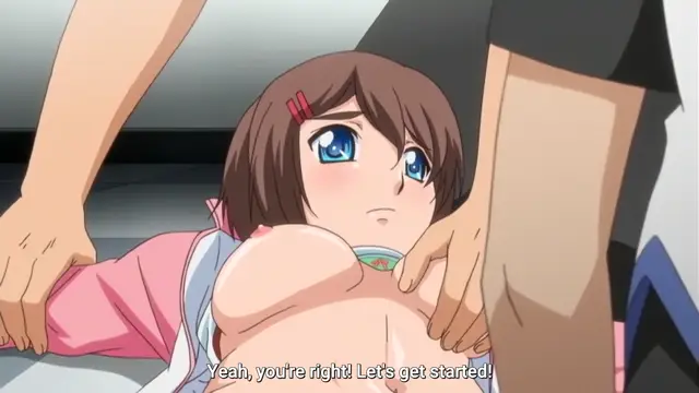 A brown-haired anime girl with blue eyes is being held down by two people and has her breasts exposed as she says, "Yeah, you're right! Let's get started!". Screenshot from Last Waltz - Episode 1