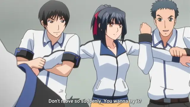 Three anime characters in white uniforms stand together, with a woman in the center looking surprised while a man on her right holds her arm and a man on her left stands with arms crossed, above the subtitle "Don't move so suddenly. You wanna try it?". Screenshot from Last Waltz - Episode 1