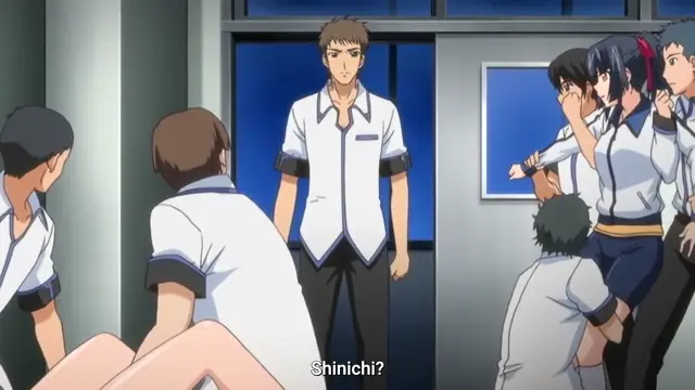 A man in a white shirt stands in a room while several girls in school uniforms are shown in various compromising positions, with one girl on the left being ridden by a man and another on the right being held by her hair by a man. Screenshot from Last Waltz - Episode 1