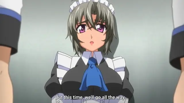 A gray-haired maid in a black and white uniform with a blue ribbon looks forward with a blushing expression as a subtitle at the bottom reads, "But this time, we'll go all the way...". Screenshot from Last Waltz - Episode 1