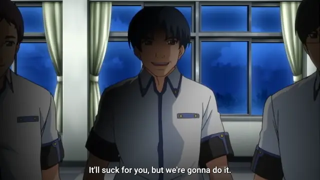 A group of three young men in school uniforms stand in a room, with the central character smiling as the subtitle "It'll suck for you, but we're gonna do it." appears at the bottom. Screenshot from Last Waltz - Episode 1