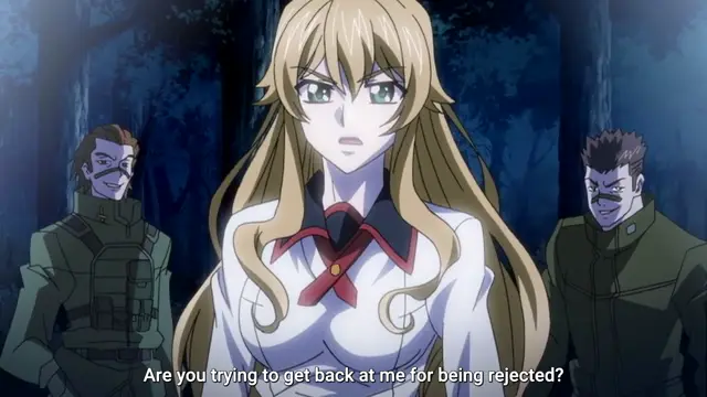 A blonde-haired anime girl in a white and red school uniform stands between two smirking men in a dark forest, with the subtitle "Are you trying to get back at me for being rejected?" appearing at the bottom. Screenshot from Last Waltz - Episode 1
