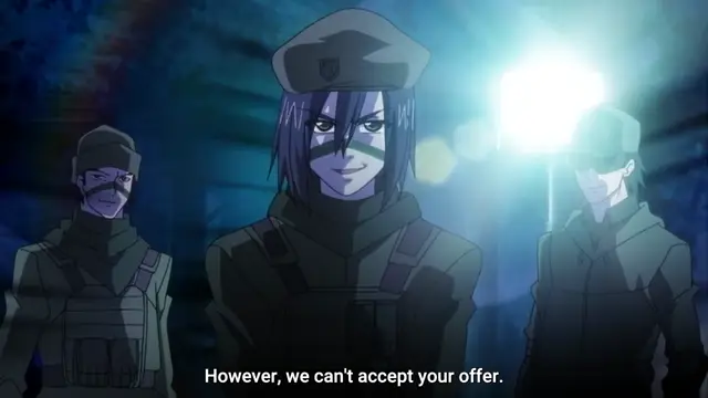 Three anime men in military gear and face paint stand in a dark, dimly lit room with a bright light source behind them, with a subtitle at the bottom reading "However, we can't accept your offer.". Screenshot from Last Waltz - Episode 1