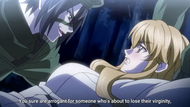 In this scene, a man with black hair and face paint looms over a blonde woman lying on her back as he smiles, with a subtitle at the bottom reading, "You sure are arrogant for someone who's about to lose their virginity,".". Screenshot from Last Waltz - Episode 1