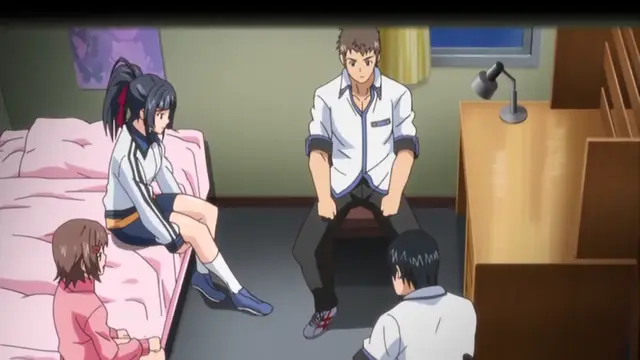 A group of four anime characters, including a girl in a school uniform and a man in a white shirt, sit in a room arranged in a circle for a serious conversation. Screenshot from Last Waltz - Episode 2