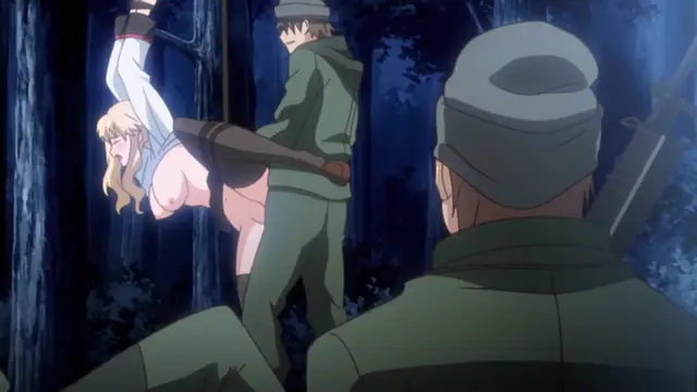 A blonde woman in a white shirt and black bikini bottom is being held up and penetrated from behind by a man in military gear in a dark forest, while another man watches from the foreground. Screenshot from Last Waltz - Episode 2