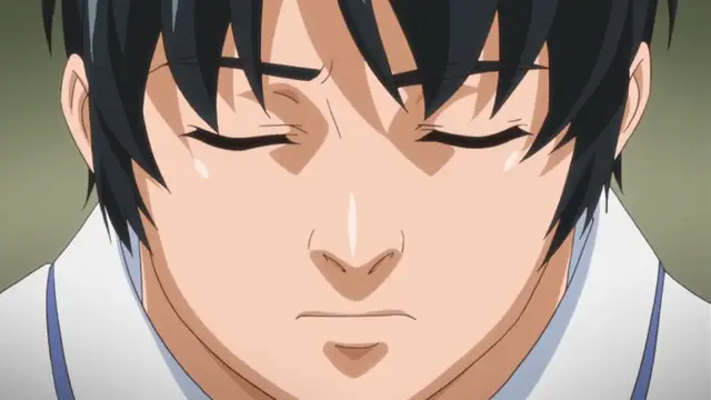 A close-up of a man with black hair and closed eyes, wearing a white garment with blue trim, looking down with a serious expression. Screenshot from Last Waltz - Episode 2