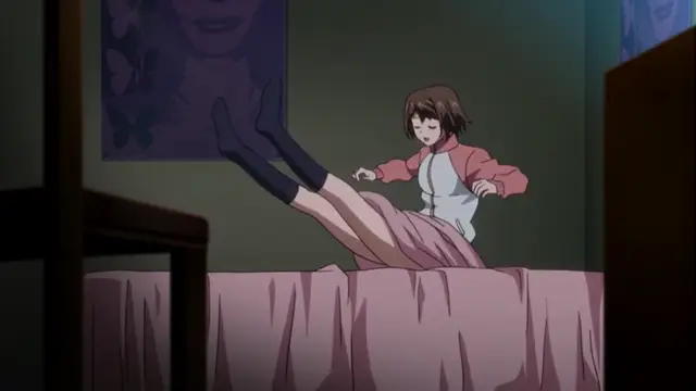 A young anime girl with short brown hair and a red and white jacket sits on a pink bed with her legs kicked up in the air against a wall, looking shocked or surprised. Screenshot from Last Waltz - Episode 2