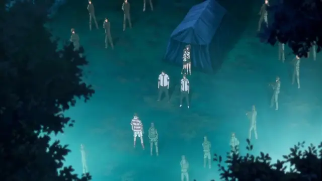 A group of figures in pajamas stand in a moonlit forest clearing around a blue tent, with one character inside the tent and others observing from the grass. Screenshot from Last Waltz - Episode 2
