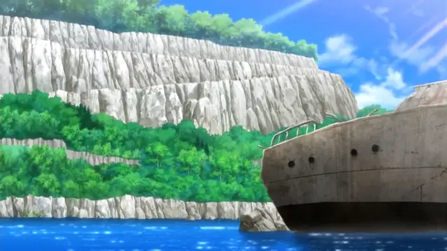 A large shipwreck sits in blue water in front of a tall cliff with green trees on it under a clear blue sky. Screenshot from Last Waltz - Episode 2