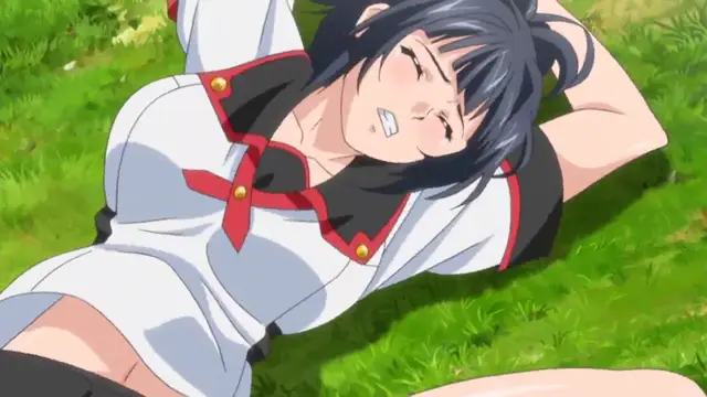 A blushing anime girl with dark blue hair and a red and white uniform lies on the grass with an ecstatic expression. Screenshot from Last Waltz - Episode 2