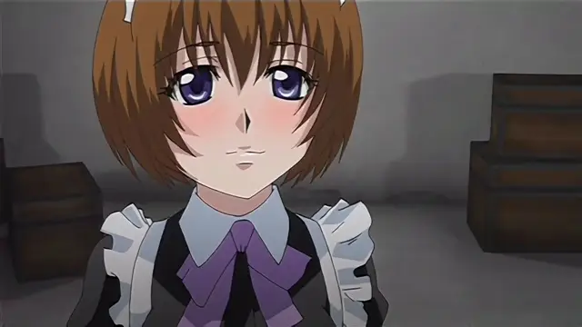 A blushing anime girl with short brown hair and large purple eyes wears a school uniform with a purple bow and white ruffles, looking nervously at the viewer in a dimly lit room. Screenshot from Hime Dorei - Episode 1