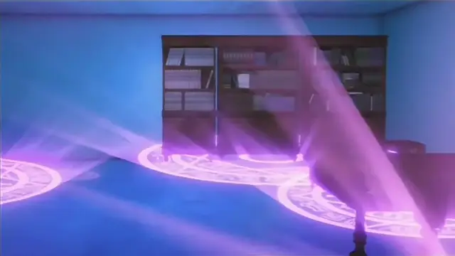A girl lies on a magic circle on a blue floor in a library with glowing purple light beams. Screenshot from Hime Dorei - Episode 1