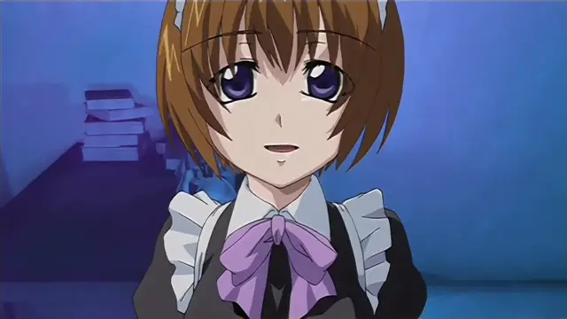 A close-up shot of an anime girl with short brown hair and large purple eyes wearing a school uniform with a purple bow. Screenshot from Hime Dorei - Episode 1