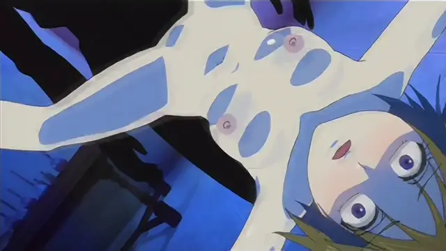 A close-up shot shows an anime girl with wide eyes and a shocked expression lying on her back, her polka-dot white top pulled up to expose her breasts. Screenshot from Hime Dorei - Episode 1